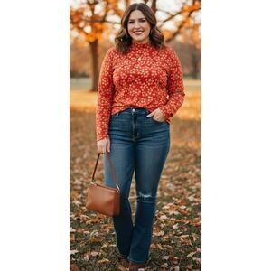 Lularoe Women 3x Red Orange dainty floral Ribbed Texture Cottage Mock Neck Top